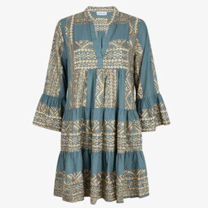 Greek Archaic Kori Adrianne Short Sleeve Gold Embroidered Ruffle Dress in Teal S
